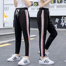 Стиль, модные повседневные штаны в полоску для девочек, свободные спортивные штаны для девочек, большие модные спортивные штаны