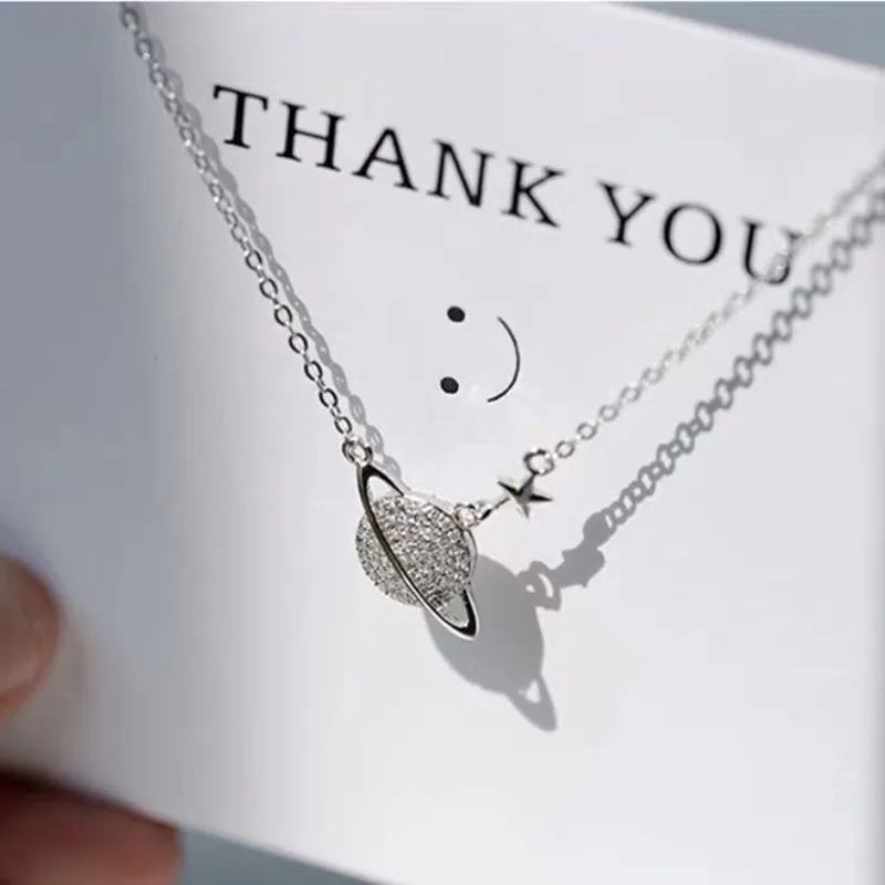 

Silver, Silver Necklace S925 Micro Zircon Universe Planet Necklace Personalized & Creative Popular Women's Chain