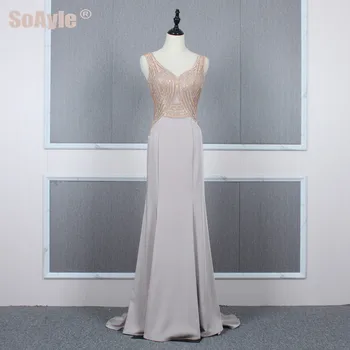 

SoAyle A-Line Khaki Evening Dress for women Party V-Neck Beaded Satin Mermaid Evening Dresses Plus Size