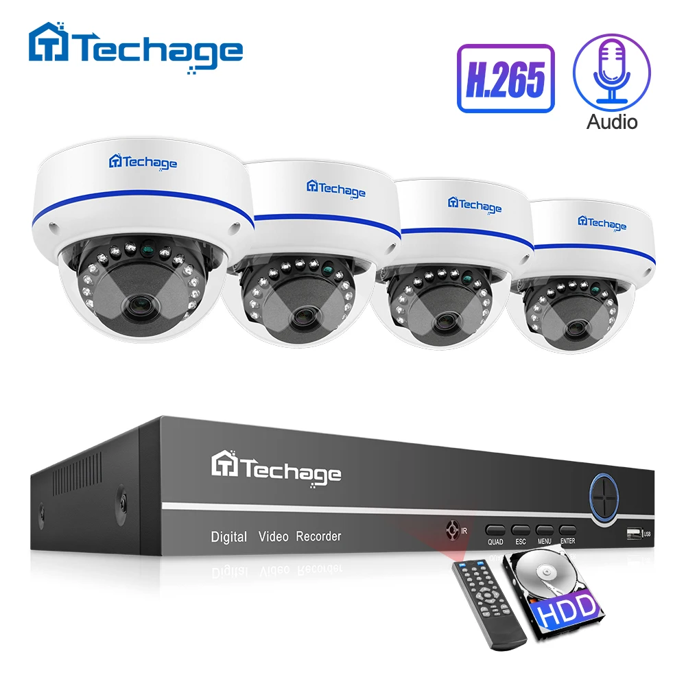Online Techage H.265 sistema de seguridad CCTV 4CH 1080P POE NVR Kit Domo Interior Exterior grabación de Audio IP Cámara P2P Video Vigilancia Conjunto