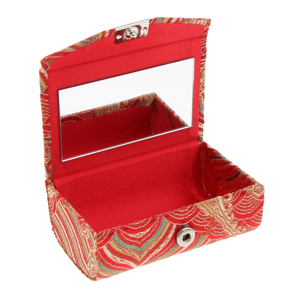 Retro Brocade Embroidered Chinese National Costume Design Lipstick Jewelry Case Holder Box With Mirror- Holds 2 Lipsticks