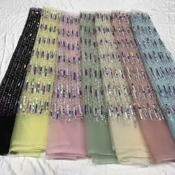 

5 yards multicolors french lace Korea fabric with Allover small Sequins 2020 Floral African tulle mesh lace fabric Wedding cloth