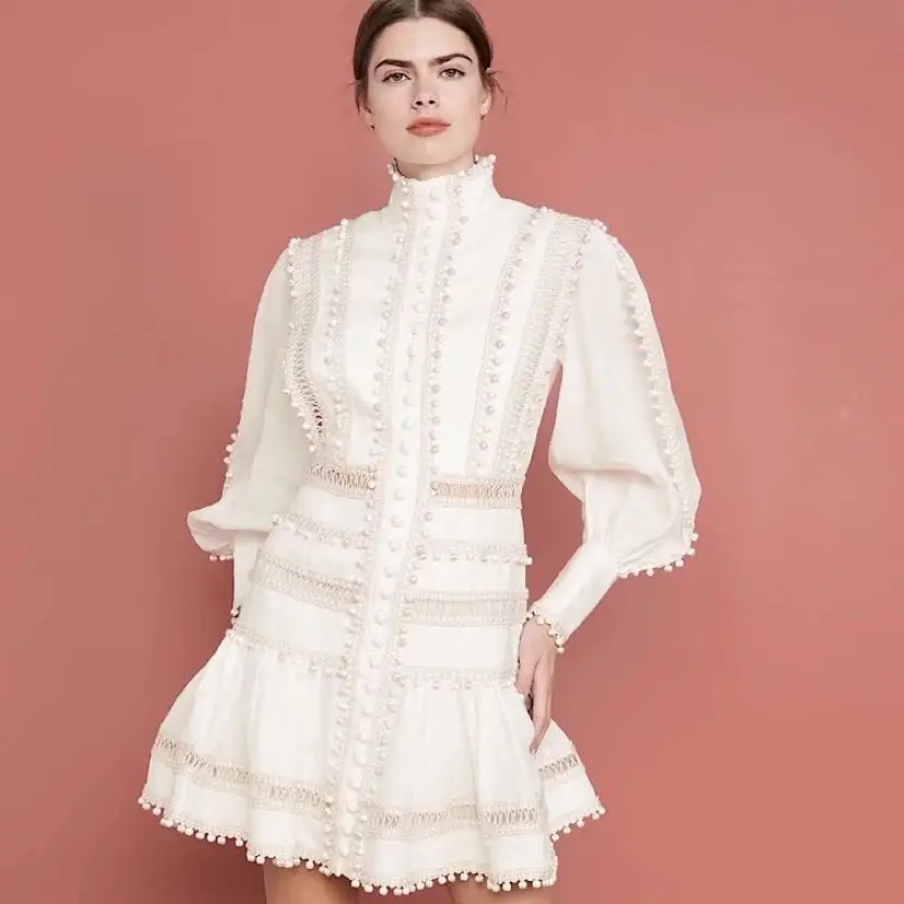

Women Sexy Dress Summer Fashion Lantern Sleeve Balls Decoration Hollow Out Slim Elegant Boho Memaid Cotton Mini Dresses
