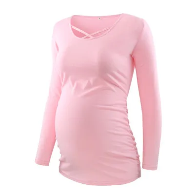 cross neck pink Комплект из 3 предметов, Женская туника для беременных, топы, одежда для мамы, красивая футболка с длинными рукавами и рюшами, с глубоким вырезом, для беременных - Цвет: cross neck pink