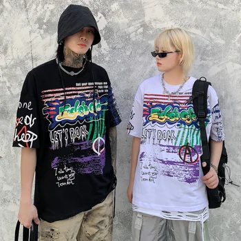 

Summer Harajuku Tee Shirt Fashion Graphic Graffiti Printed Street Dance Tshirt Women Short Sleeve Loose-fitting T-shirt Unisex