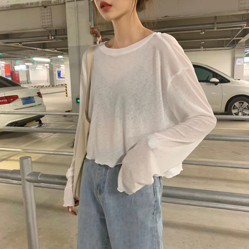 Casual Korean Vogue Women Solid Chiffon Tops And Blouses Ladies Vintage O-Neck Long Sleeve Loose Short Shirts Blusas Mujer