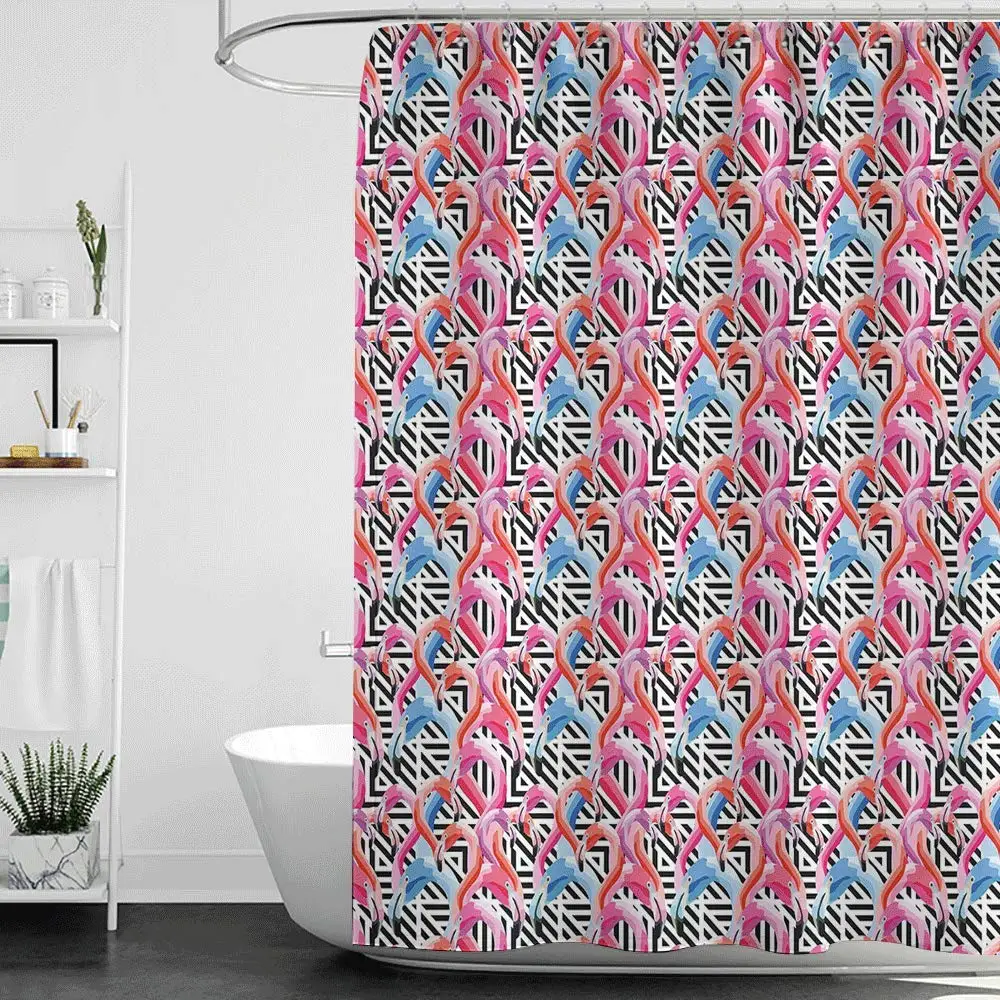 

Shower Curtains Desert Flamingo,Watercolor Style Flamingo Heads on Black and White Geometrical Modern Backdrop,Multicolor W69 x