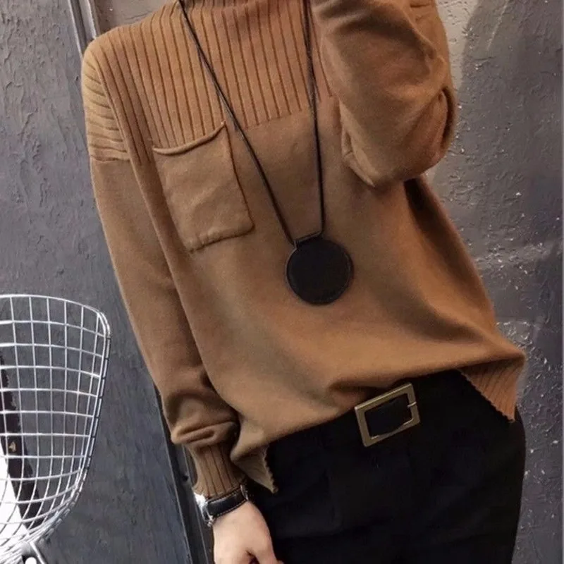 Свободный свитер с длинными рукавами и воротником-хомутом Женский трикотажный