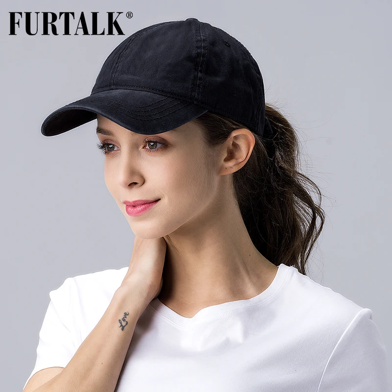 Черная бейсболка FURTALK с хвостом винтажная хлопковая кепка эффектом потертости