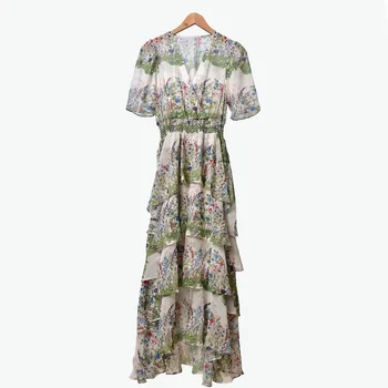 

Women Dress Sweet V-neck Printed Layered Ruffled Waist Dress for Women