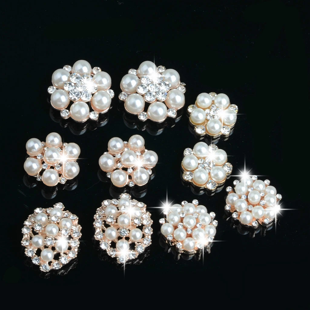 10 Pieces Assorted Alloy Flower Rhinestone Pearl Flatback Crafts Buttons Embellishments