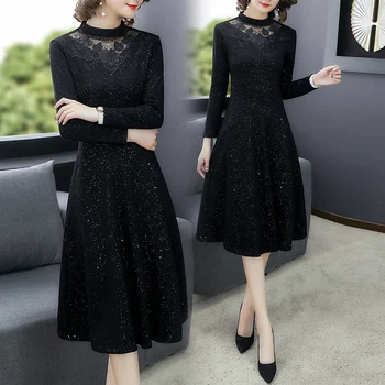 

2020 spring Autumn Lace Spliced Black Dress women Slim Elegant Party Midi dresses woman long sleeve Plus size M-5XL vestidos