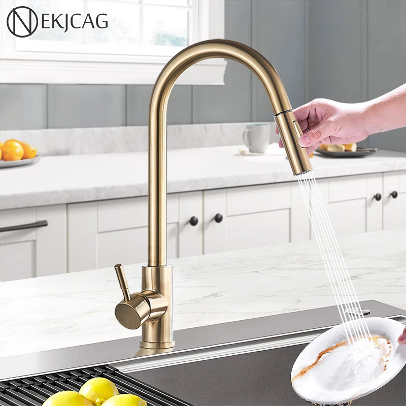 Kitchen Faucets Luxury Brushed Gold Kitchen Wash Basin Faucet Hot Cold Mixer Tap 360&deg; Rotating Spout Deck Mount Two Outlet Modes