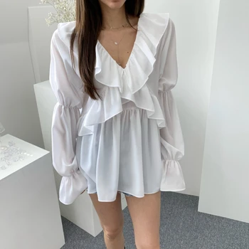 

COIGARSAM Ruffles blouse women Chiffon Loose Flare Sleeve V-Neck blusas womens tops and blouses White Yellow Black 4350