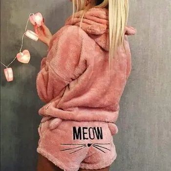 

2019 Newly Winter Women Flannel Pajamas Set Bear Hooded Pajamas Winter Warm Coral Fleece Sleepwear Hoodie+Short Tow 2pcs Suit