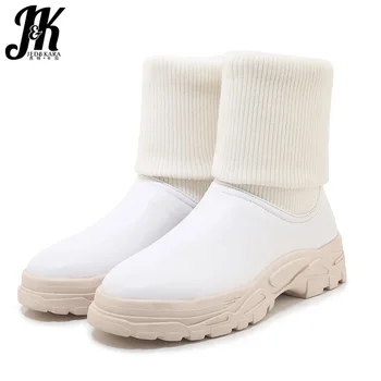 

JK Fashion Casual Boots Women Stretch Knitting Ankle Boot Ladies Round Toe Shoes Female Platform Shoes White Shoes Winter