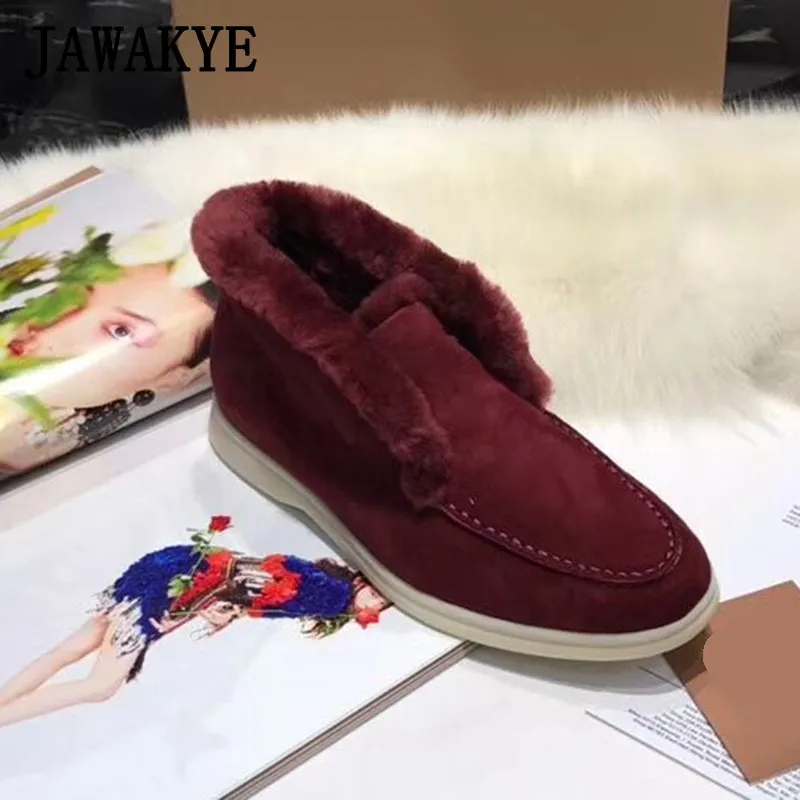 New Natural Wool Women Snow Boots Top Quality Winter Flat Shoes Slip On Runway Boots Warm Cozy Smooth Suede Short Botas Mujer