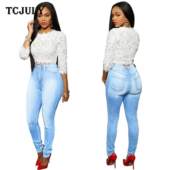 

TCJULY Spring 2020 New Streetwear Slim Bleached Washed Blue Jeans Skinny Push Up Stretch Denim Pencil Pants Casual Ladies Jeans