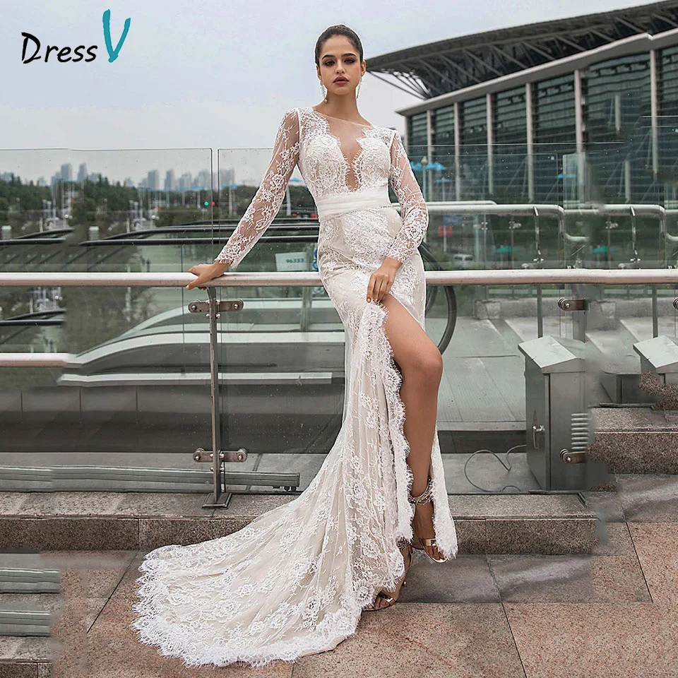 Слоновая кость Dressv свадебное платье с вырезом лодочкой, длинные рукава, Русалка, кружева, раздельные передние створки, для улицы и церкви, свадебные платья, индивидуальный бант - Цвет: Слоновая кость