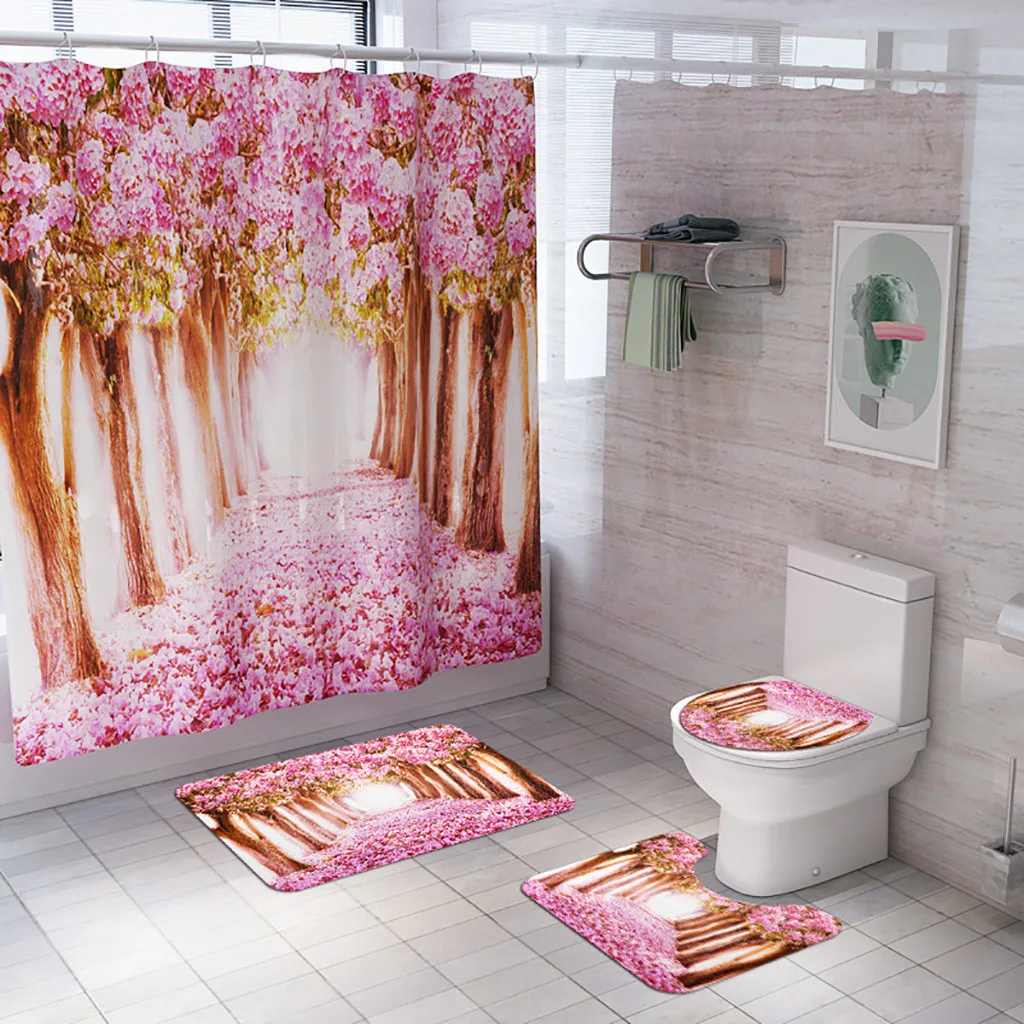 4 pieces / set of autumn sea landscape shower curtain floor carpet mat pad toilet seat cover bathroom mat home decoration#p8