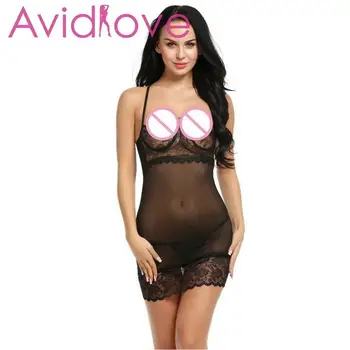 

Avidlove Mini Babydolls Chemise Women See-through Mesh Floral Lace Patchwork Erotic Dress Sexy Lingerie Nightdress with G-string