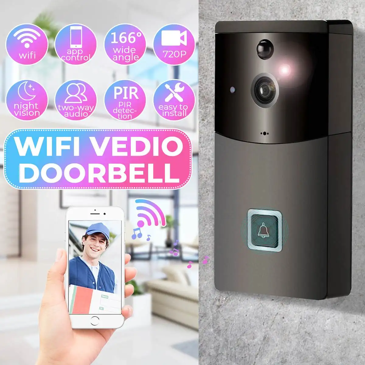 

New 1280X720P Smart Video Wireless WiFi Door Bell Remote Control Night Vision IR Visual Camera Security System Dropship