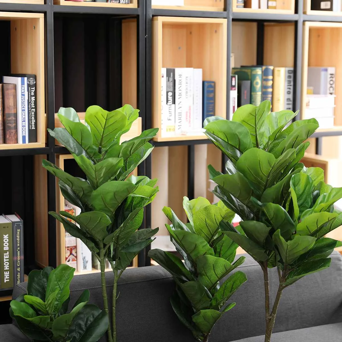 4 Sizes Plastic Artificial Plants Ficus Lyrata Green Leaves Potted