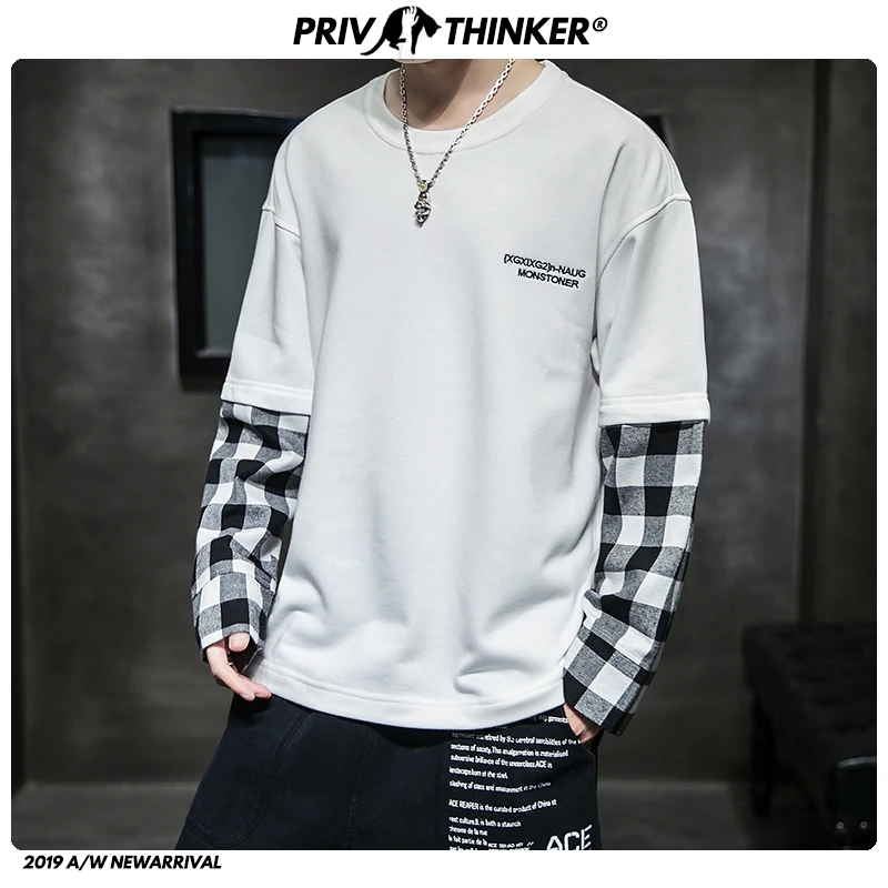 Privathinker Мужская и женская новая осенняя клетчатая Лоскутная футболка с длинными рукавами Мужская футболка с принтом в стиле хип-хоп Мужская Уличная одежда большого размера