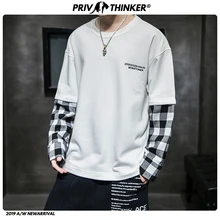 Privathinker Мужская и женская новая осенняя клетчатая Лоскутная футболка с длинными рукавами Мужская футболка с принтом в стиле хип-хоп Мужская Уличная одежда большого размера