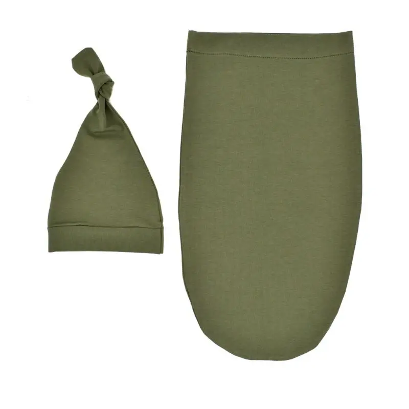 Olive Green Спальный мешок для новорожденных; однотонное Пеленальное Одеяло; пеленка для сна; муслиновая накидка+ шапочка; комплект из 2 предметов для новорожденных - Цвет: Olive Green