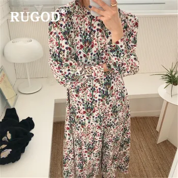 

RUGOD fashion vintage floral dress women casual O neck long puff sleeve spring dress retro lady midi dress vestidos