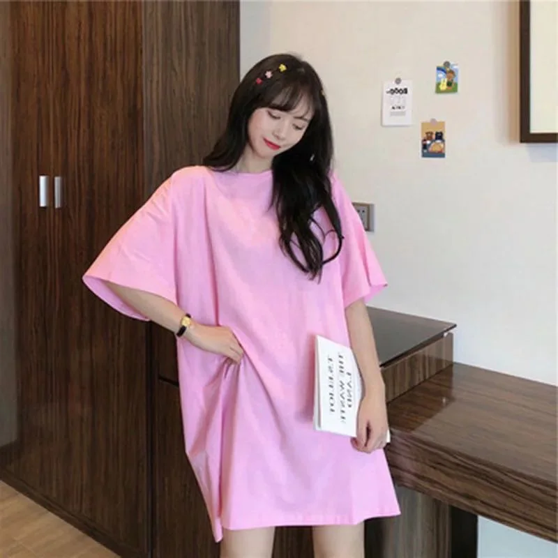 Women's Fashion T Shirt Dress Solid Loose T-shirt Long Styles O-Neck Candy Colors Short Sleeve Tops Tees Casual Streetwear