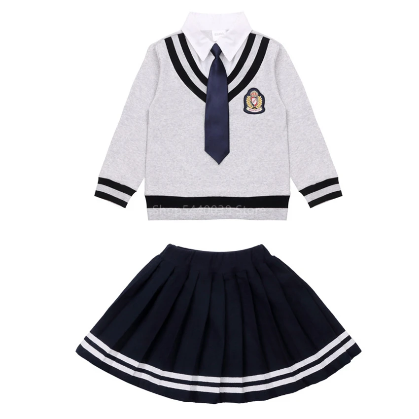 Детская школьная форма в британском Корейском стиле для учеников начальной школы, одежда для детского сада, свитер для мальчиков и девочек, плиссированный класс юбки для выступлений