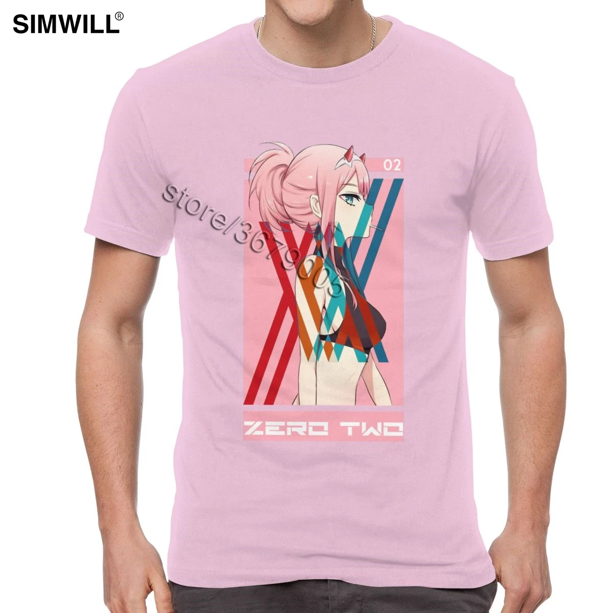 Футболка Darling In The Franxx, мужская, хлопок, Zero Two, футболки, короткий рукав, круглый вырез, модная, аниме, веер, футболка - Цвет: Розовый