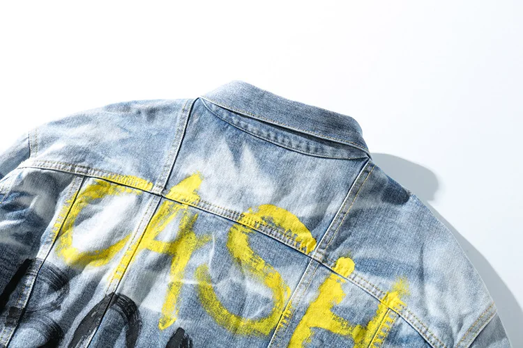 Для мужчин Wo мужчин s граффити джинсовые куртки рваные отверстия Винтаж печати Письмо Повседневная джинсовая куртка состаренные уличная хип хоп пальто