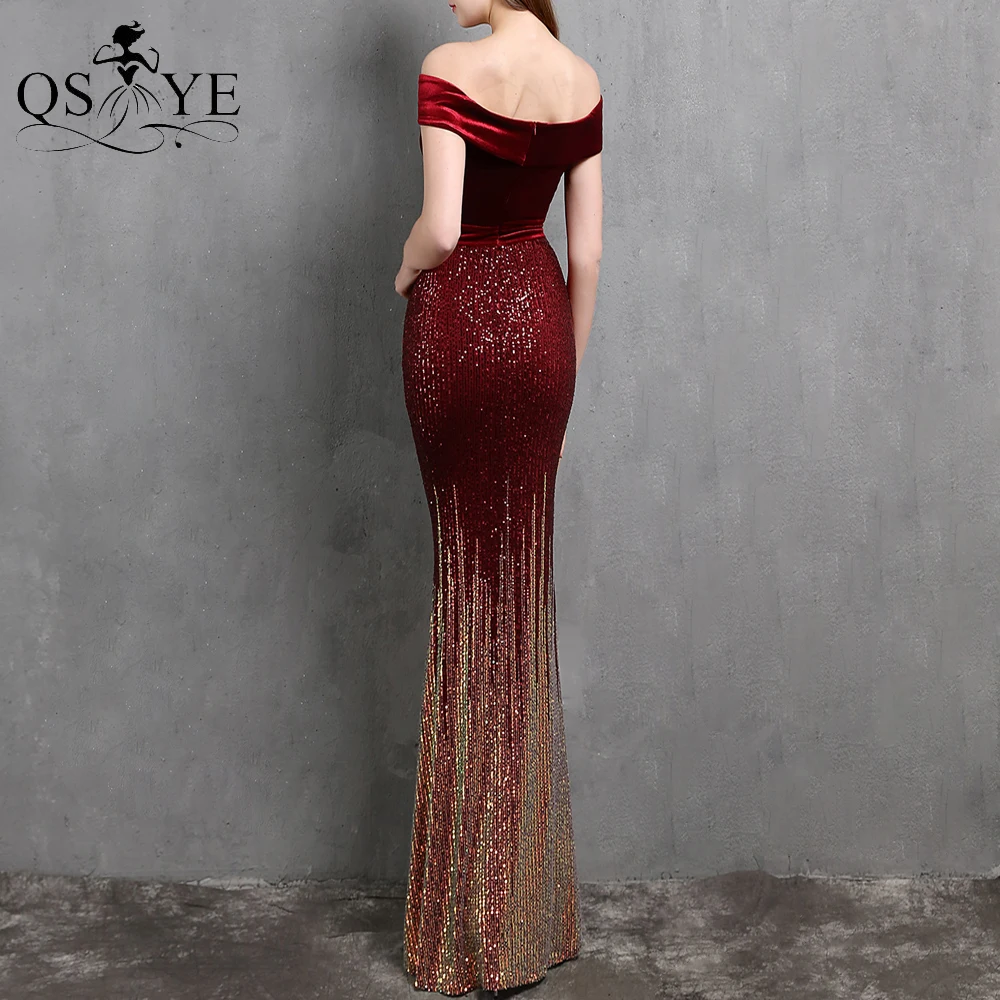 plus size formal dress QSYYE Emerald Evening Dress Mermaid Off Shoulder Sequin Evening Gown Velvet Elegant Party Dress Sequin Fading Fitted Formal Gown ball gown