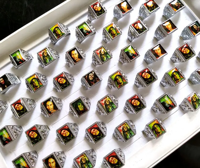 20/ 50pcs Wholesale Mix lot Bob Marley Ring Men's Punk Rocker Silver Plated Alloy Ring Male Party Jewelry Man Gift 4