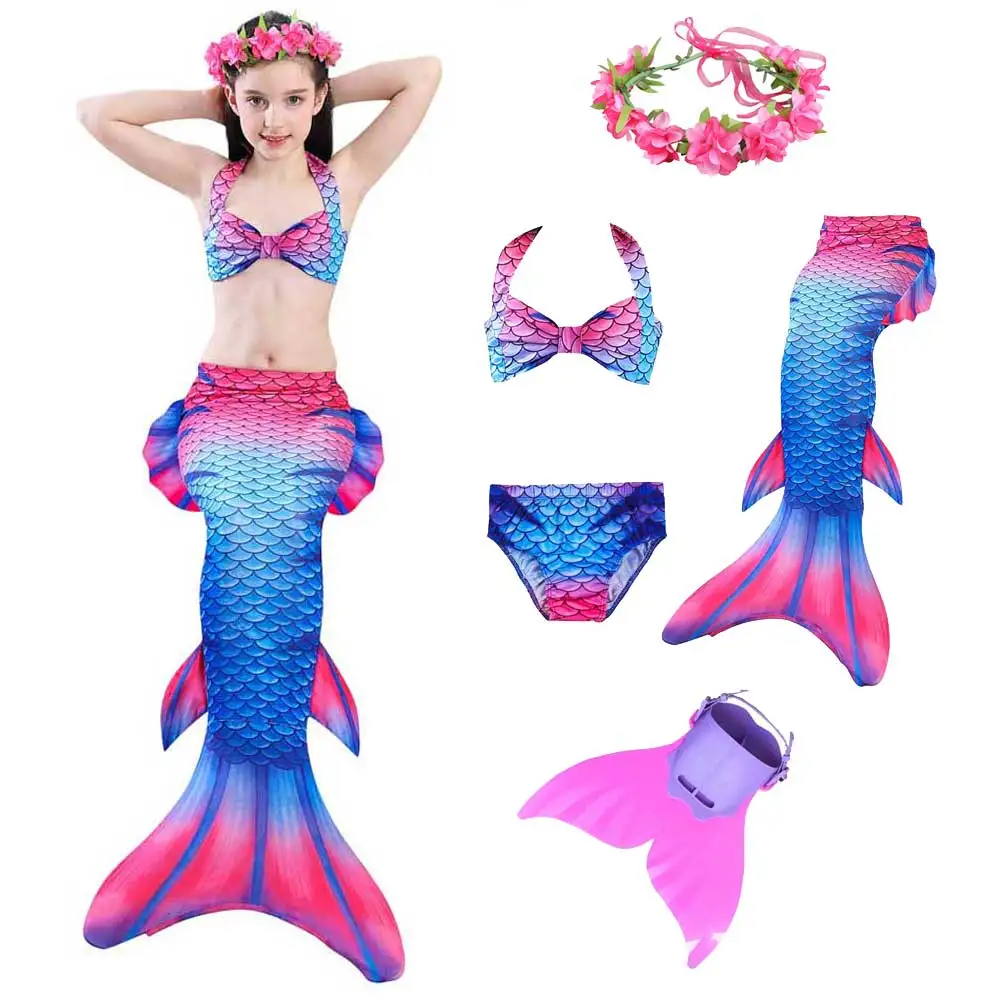 Костюм для плавания с хвостом русалки для девочек и бикини, купальный костюм с моновинкой или без него, детский купальный костюм русалки для костюмированной вечеринки - Цвет: Mermaid Set A 3
