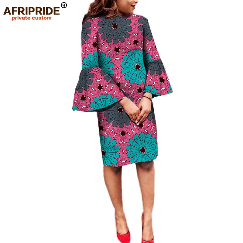 Африканские платья для женщин AFRIPRIDE, на заказ, с расклешенными рукавами, с круглым вырезом, длиной до колена, Повседневное платье размера плюс, восковая ткань, хлопок, A722537 - Цвет: 336X