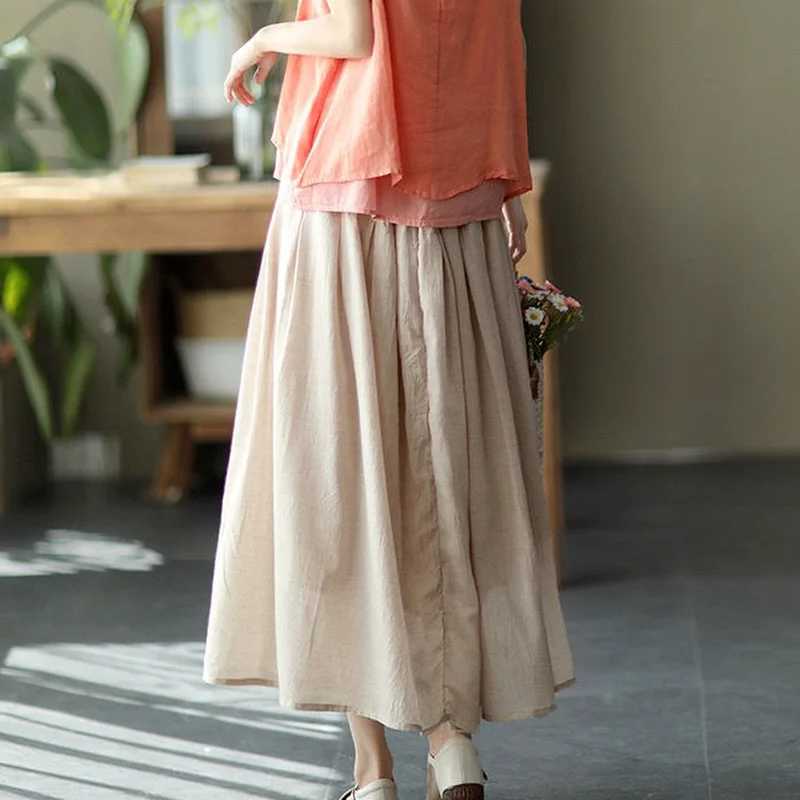 Skirts Women Summer Cotton Linen Comfortable Ankle Length Elegant Fairy Minimalist Chinese Style 6-colors Casual A-line Solid