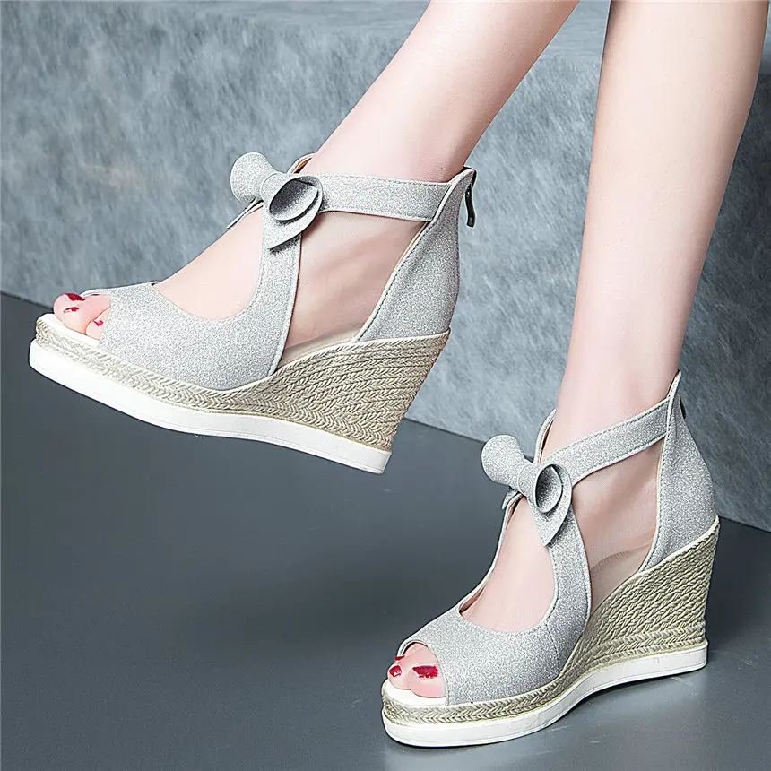 

Bowknot Shoes Women Shiny Glitter Platform Wedges High Heel Gladiator Sandals Female Breathable Lace Open Toe Party Pumps Shoes