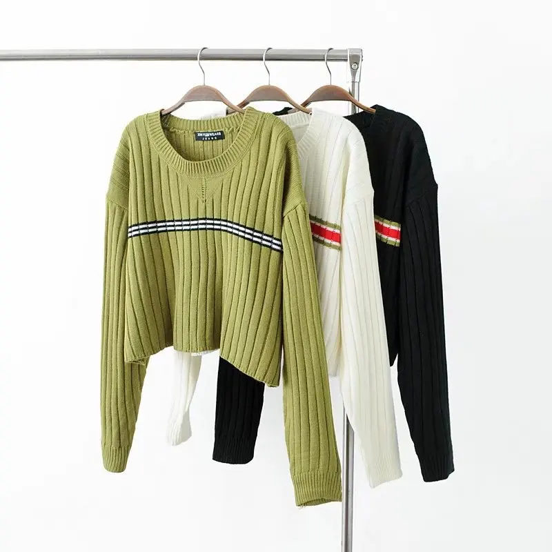 

Spring 2020 Striped Casual Knitted Crop Sweater Women O Neck Long Sleeve Pullover Winter Jumper Pull Femme Girls Sweater