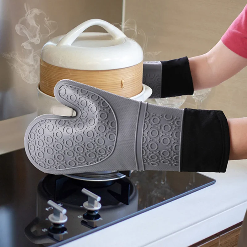 1 Professional Oven Gloves Heat Resistant Silicone Gloves Oven Mitts Non-Slip Cooking Barbecue Gants With Soft Inner Lining