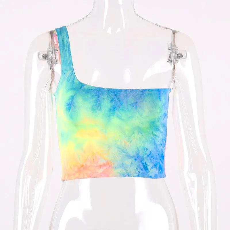 Многоцветный Сексуальные короткие топы на одно плечо с принтом «tie dye», лето, женская уличная одежда, Клубные цветные майки от солнца - Цвет: Многоцветный
