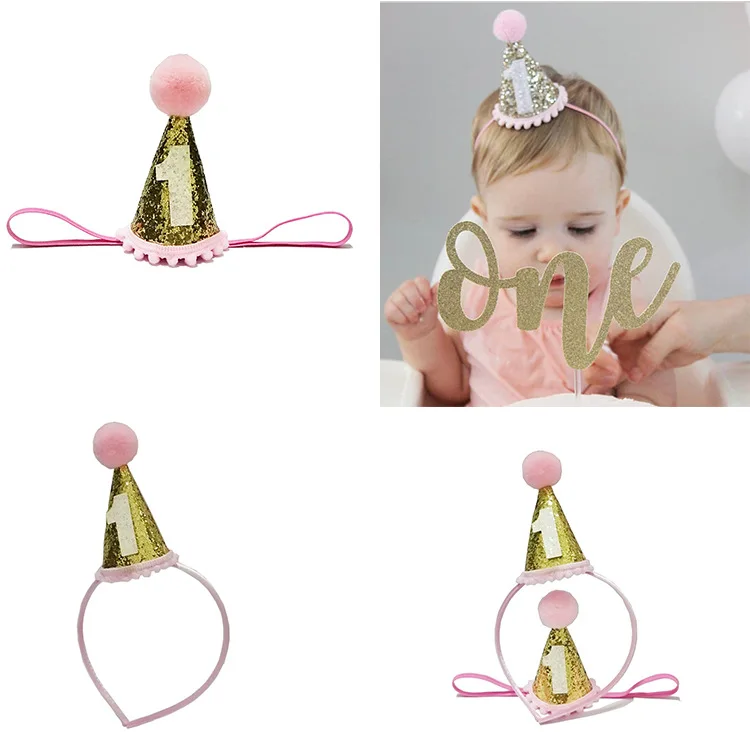 Розовое золото блеск детские головные уборы на день рождения с помпоном Принцесса Корона шляпа номер От 0 до 8 лет ребенок душ вечерние Декор головная повязка для новорожденных