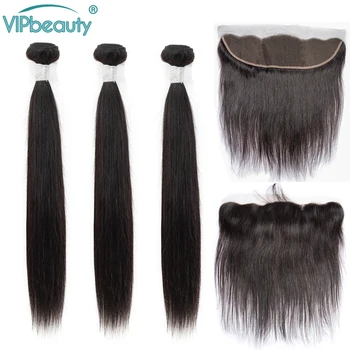 

VIPbeauty Remy Straight Hair Bundles With Closures Brazilian Human Hair Extension Bundles With 13x4 Lace Frontal Closure Natural