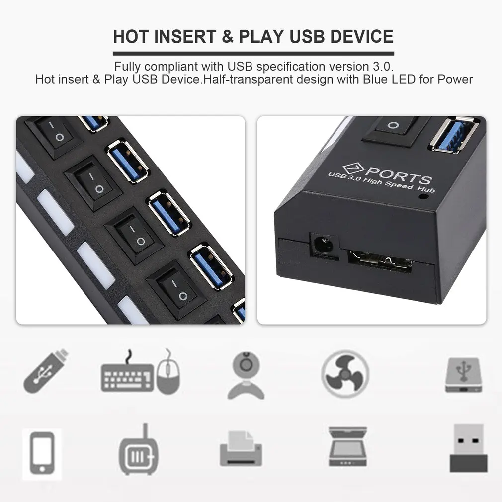 7-Порты и разъёмы USB 3,0 концентратор сплиттер с переключатель высокого Скорость 5 Гбит/с USB HUB мульти разделители USB Поддержка 1 ТБ HDD для ПК