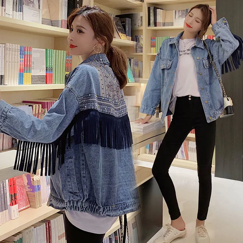 

2020 Spring Autumn Denim Jacket Women Hand-studded Tassel Chain Short Jeans Jacket Loose Blue Coats Women New Embroidery Jacket