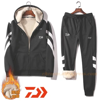

Daiwa Dawa 2021 Winter Tracksuit Warm Fleece Casual Set Men's Sportswear Hooded Jacket+Pants Two Piece Thick Fishing Sweat Suits