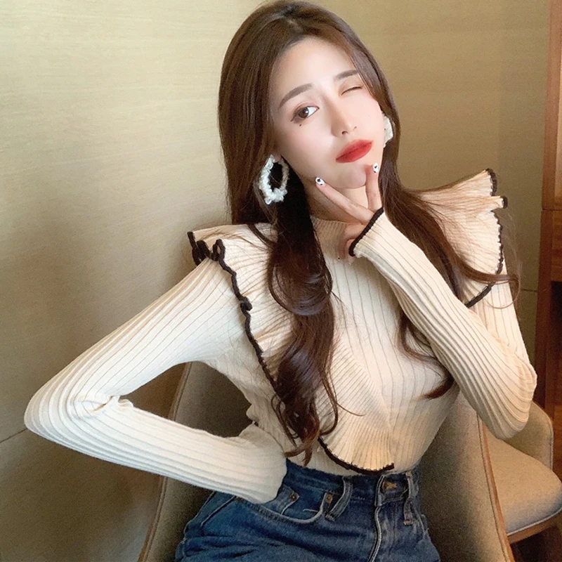 Mozuleva 2019 Sweet O-neck Ruffles Women Knitted Sweater Autumn Winter Warm Slim Long-sleeved Female Pullover Jumpers Vestidos Mozuleva 2019 Sweet O-neck Ruffles Women Knitted Sweater Autumn Winter Warm Slim Long-sleeved Female Pullover Jumpers Vestidos